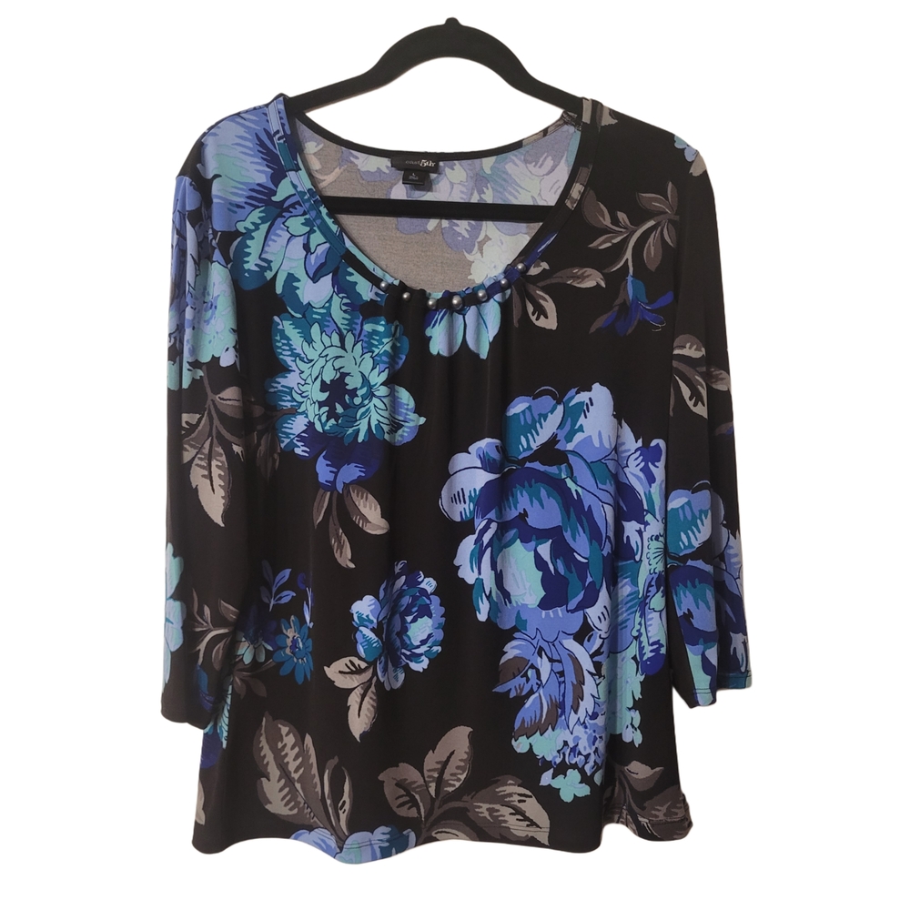 Cato Black and Blue Floral Relaxed Blouse Size Large
